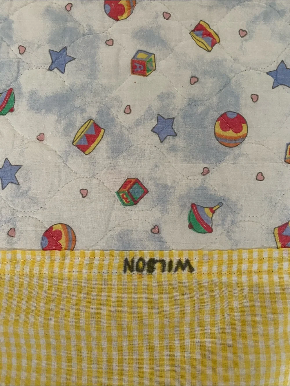 VTG  80s 90s Handmade Baby Quilt Yellow Plaid Giraffe Teddy Bear Elephant Bunny